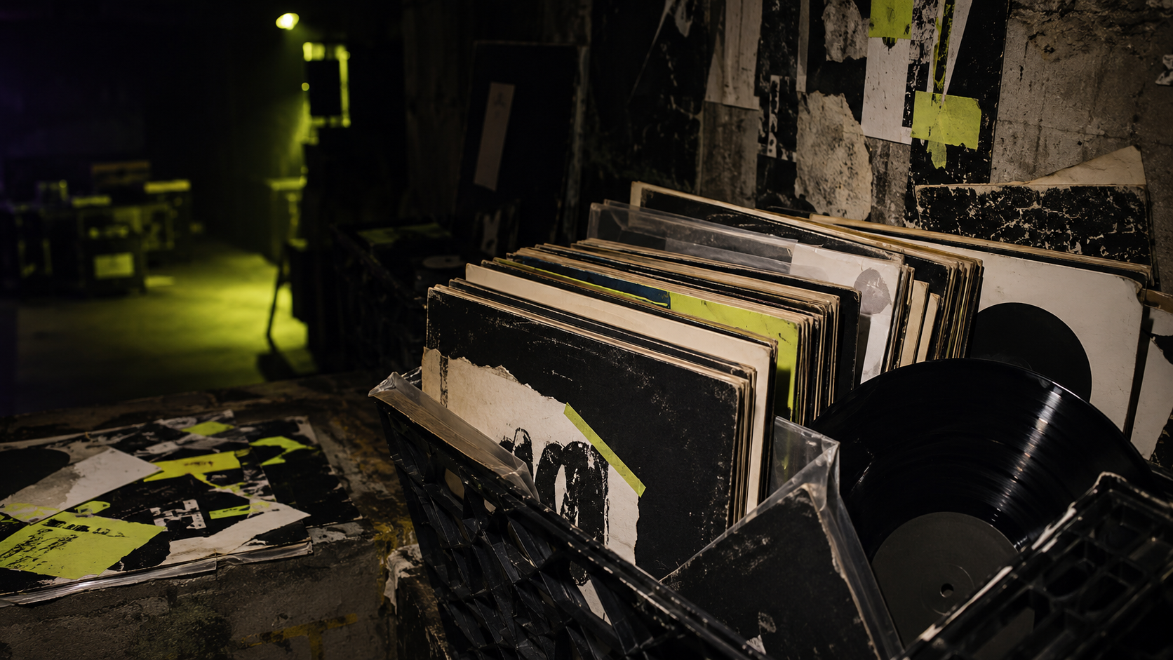 A dark record crate filled with underground vinyl in a warehouse